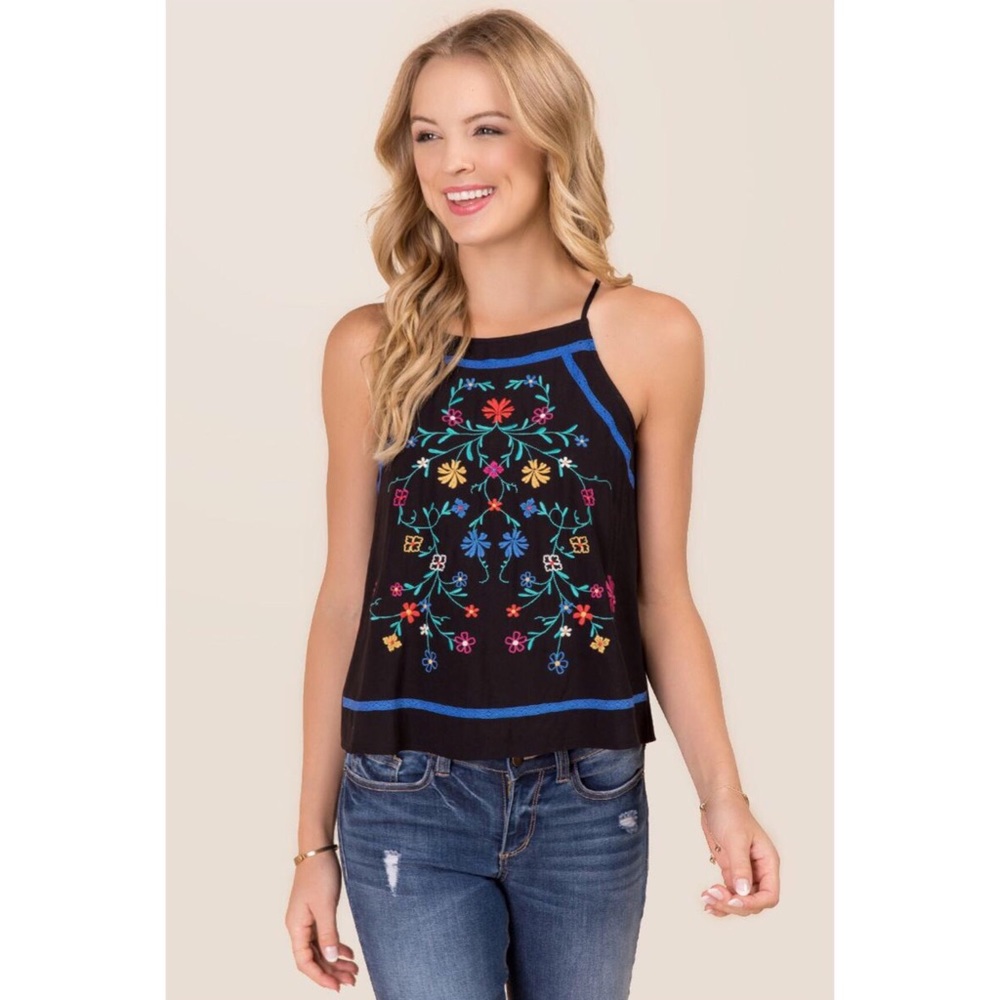 NEW with tags - Black high neck tank - embroidery
